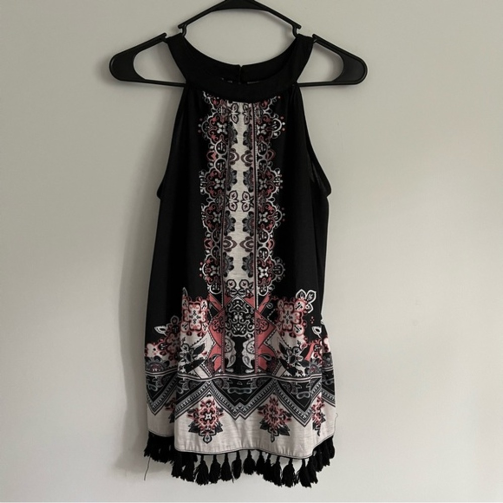 Venus Black Aztec Print Fringe Tassel Hem Sleeveless Halter Blouse
